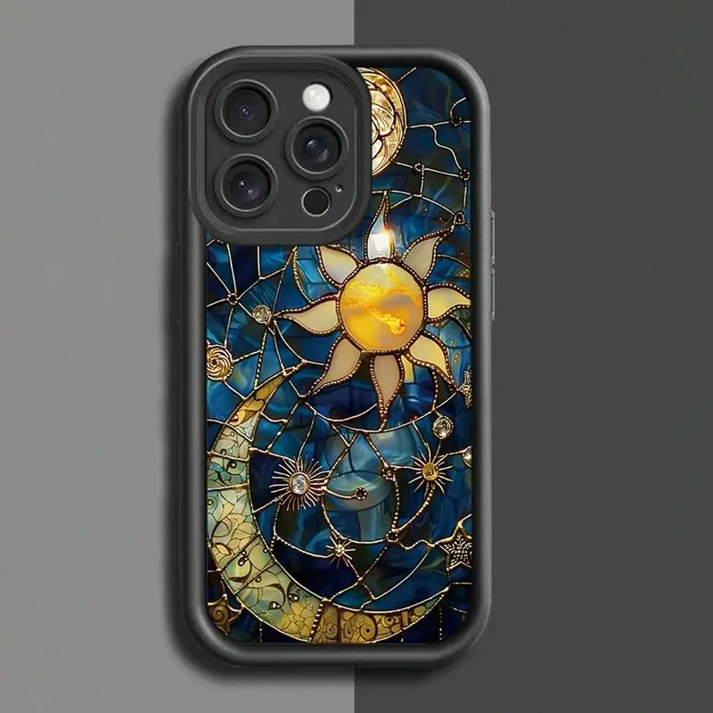 Vintage Moon and Sun Pattern Silicone Smartphone Case - Military-Grade Shockproof, Non-Slip Casing for iPhone 17,16,15,14 Pro Max,13,12,11,XR,XS Plus Handheld Cellphone Devices, Accessories