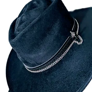 Black Vegan Suede Skull Crown Rancher Hat with Chain and Cross Detail