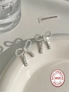 S925 Sterling Silver Bow Stud Earrings for Women, Exquisite Zircon Bow Earrings, Sweet Ear Jewelry, Niche Design Commute & Party Earrings, Hypoallergenic Delicate Fashion Jewelry, Suitable for Weddings, Parties and Daily Wear