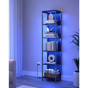 6-Tier LED Bookshelf, Display Shelf With Dimmable Lights, LED Bookcase With Steel Frame, 11.9 X 15.7 X 70.3 Inches, For Living Room, Bedroom, Office, Black With Wood Grain Space-Saving Non-Woven