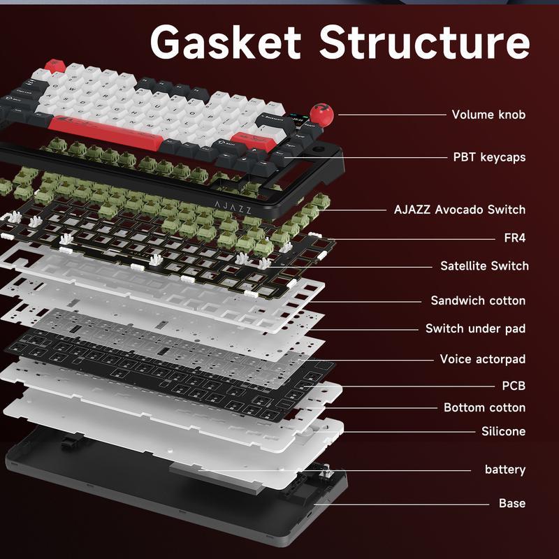 AJAZZ AK820 MAX PLUS Wireless Mechanical Keyboard with TFT Screen & Knobs Gasket Architecture 3-mode 75% Hot Swappable Gaming PC Mac Linux Compatible Avocado Stalk Gift Ideals (Black Shark Red) Hot-Swappable Gaming Keyboard keyboar green  switch  keyboard