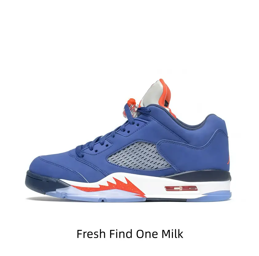 Well-structured blue low-top athletic sneakers with striking orange graphics, versatile colorway matching jeans, joggers and various casual street fits.