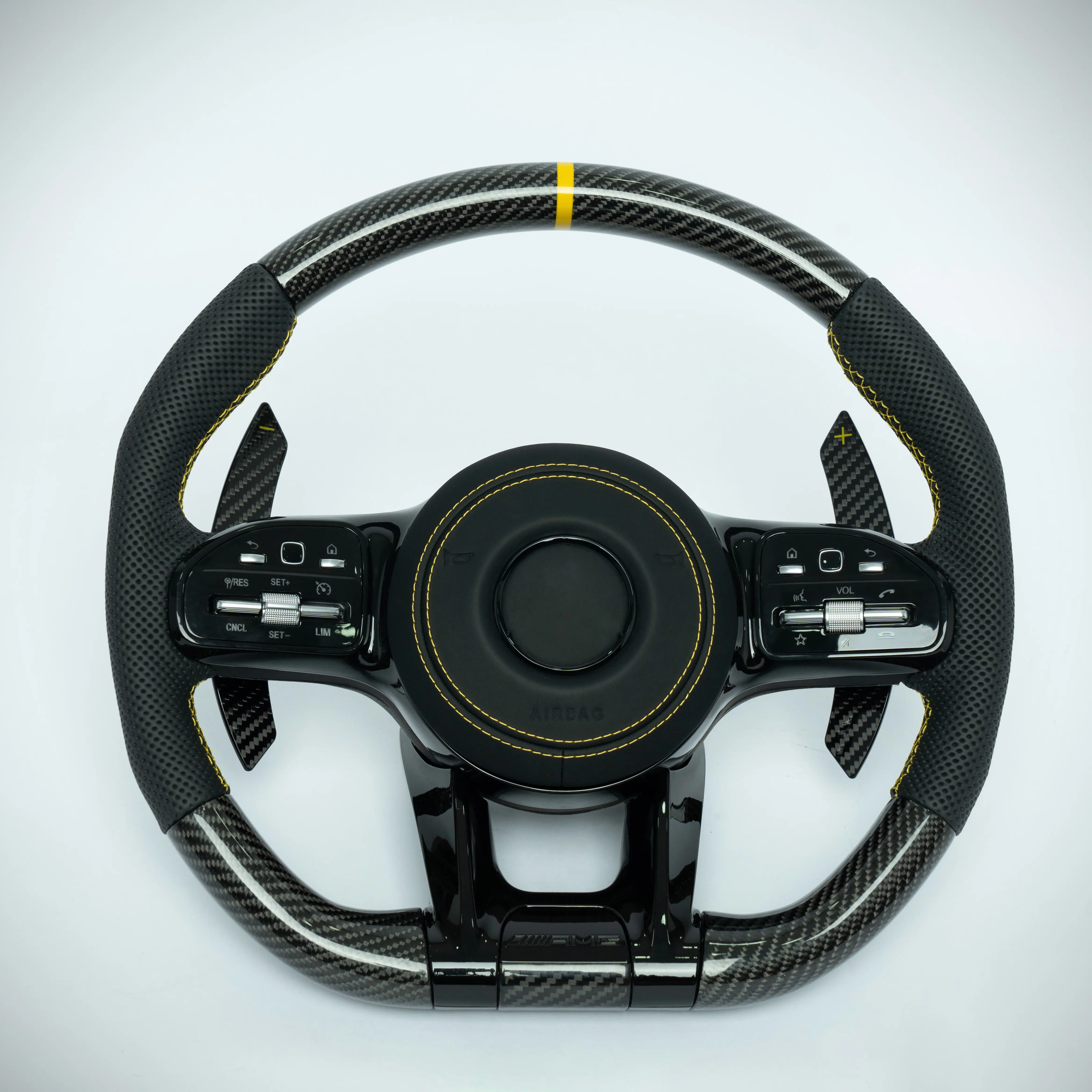Mercedes Benz leather steering wheel with red marker and white stiching