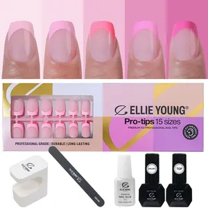 ELLIE YOUNG Pro-Tips Short Square Pink Pastel French Tips, 150pc Press-On Nails Kit – 15 Sizes, Matte Gel Acrylic Look, Soft Gel DIY Extensions