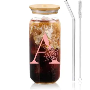 1 Pack Personalized Tumbler Bottle, 16oz/480ML A-Z Pattern Glass Cup with Bamboo Lid and Glass Straw, Customized Gifts for Women, Cute Design Iced Coffee glasses