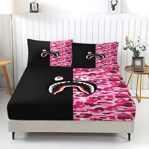 3 Piece Bape Print Bedspread Set with 1 Fitted Sheet and 2 Pillowcases, Comfortable Bed Linens for Bedroom and Guest Room, Gift-Ready Stylish Bedding, Bedding Supplies