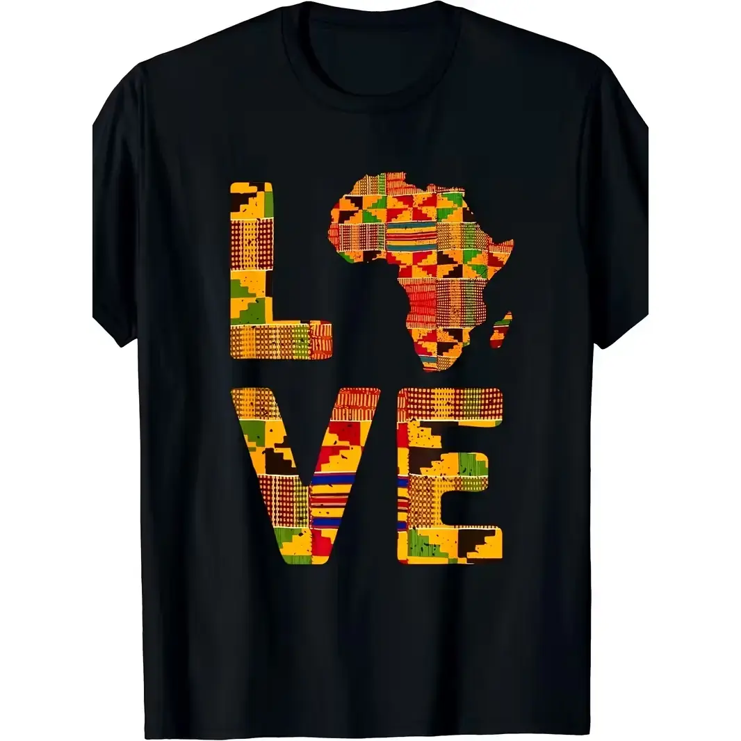 Women's Classic Breathable 220G Traditional African Kent Cloth T-Shirt, 2025 Summer Shortsleeve Day Layer, Unisex Cool Africa Map Printed Top, Casual, Cotton, Fabric, Loose, Simple, Round Neck, Soft, Tee, Tshirt, Menswear