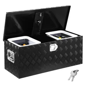 fathersdaygift VEVOR Heavy Duty Aluminum Truck Bed Tool Box, Stripes Plated Tool Box with Sliding Shelf, Side Handle, Lock Keys, Storage Toolbox Chest for Trailer, Pickup, Truck Bed, RV, 35.4x14.6x14.6, Black