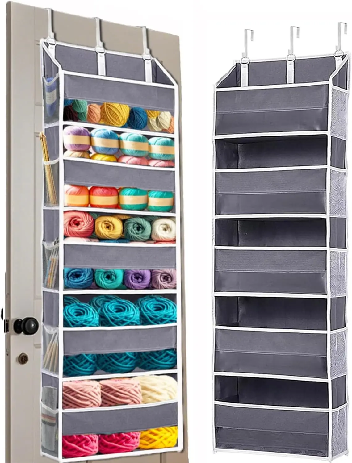 Hanging Yarn Storage Organizer with 5 Yarn Balls Pockets & 10 Mesh Pockets | Over the Door Large Capacity Yarn Storage Bag,Yarn Holder for Knitting Needles, Crochet Hooks Gift
