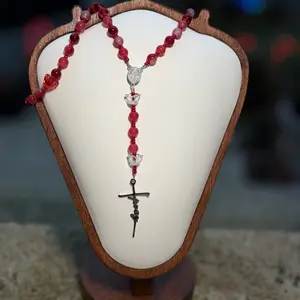 Red Beaded Rosary with Transparent and Red Roses - Elegant Prayer Beads for Daily Devotion