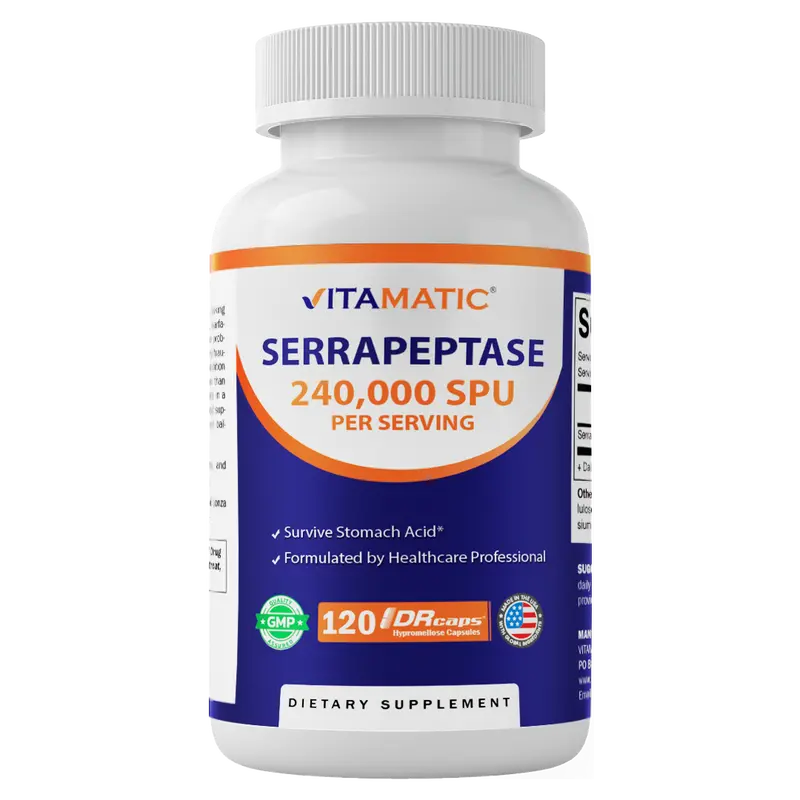 Vitamatic Serrapeptase Natural Dietary Supplement for Adults - 240000 SPU, 120 Delayed-Release DRCaps, Dairy-Free Joint Health Supplements, FDA Registered Capsules