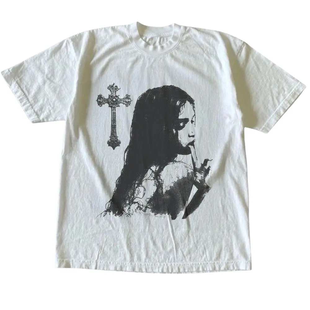 The Gothic Woman Cross Graphic T-Shirt, Dark Coquette Art Tee, Vintage Black White Shirt, Gift for Men, Gift for Women, Crew Neck T-shirt, Trending T-shirt