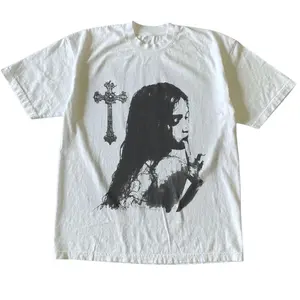 The Gothic Woman Cross Graphic T-Shirt, Dark Coquette Art Tee, Vintage Black White Shirt, Gift for Men, Gift for Women, Crew Neck T-shirt, Trending T-shirt