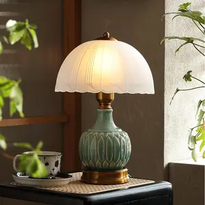 Vintage Lamp for Living Room,16" Modern Ceramic Table Lamps for Bedroom,Retro Bedside Nightstand Traditional Lamps, Classic Chinoiserie Green Lamp for Home Decor (LD002)