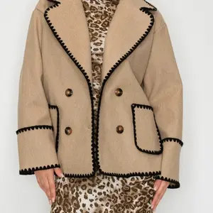 Eliza 3 Taupe Double Breasted Blanket Stitch Jacket with brown Buttons Outerwear Casual Coats Elegant Womenswear