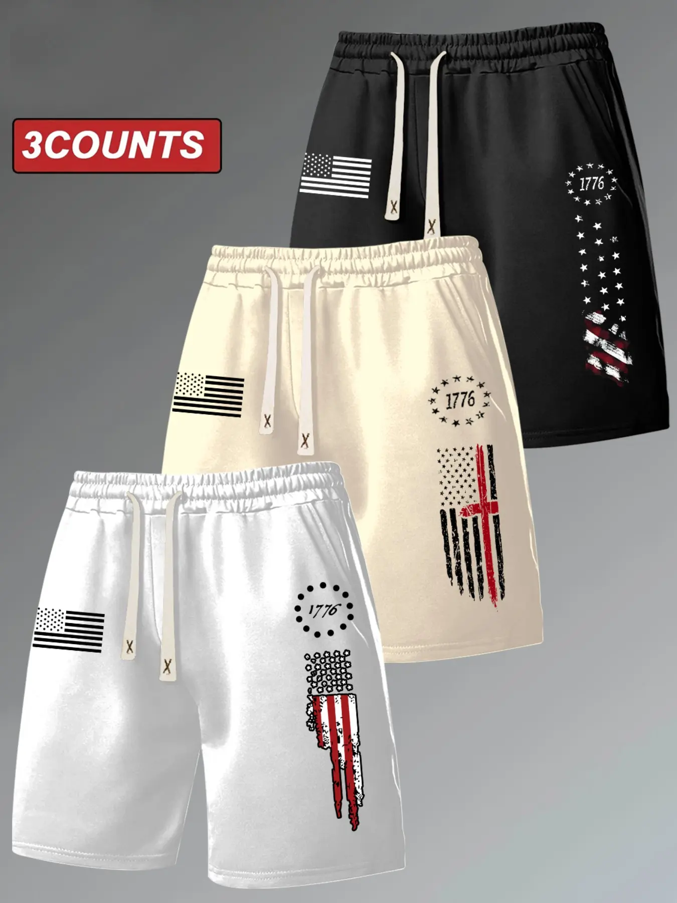 Men's Flag Series Graphic Print Drawstring-Waist Patriotic Shorts, 3-Pack Summer Casual Outdoor Gym Fitted Shorts, Suitable for Street Wear