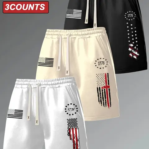 Men's Flag Series Graphic Print Drawstring-Waist Patriotic Shorts, 3-Pack Summer Casual Outdoor Gym Fitted Shorts, Athletic Shorts Casual, Suitable for Street Wear