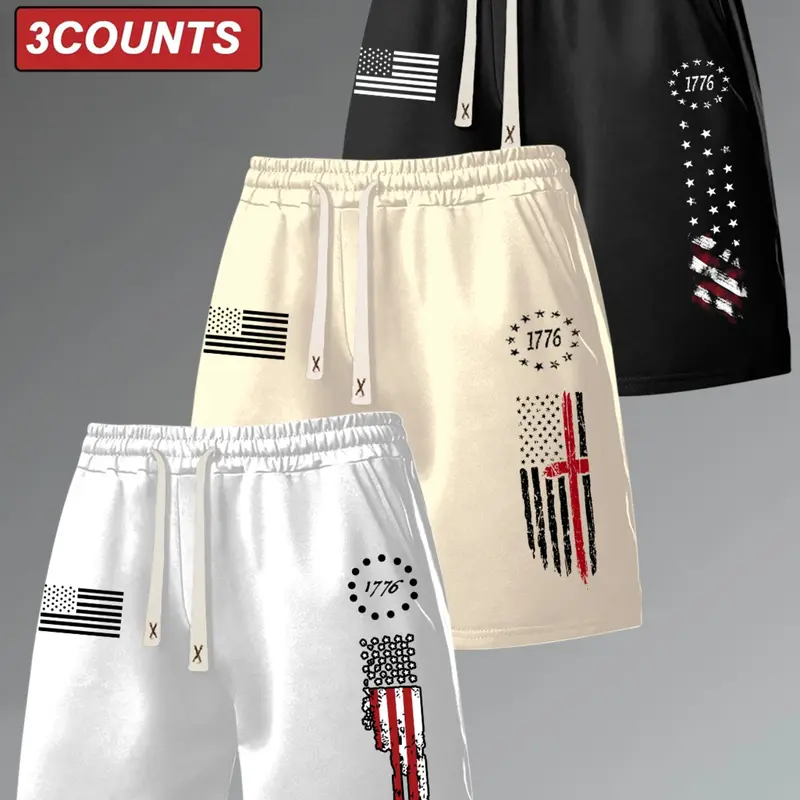 Men's Flag Series Graphic Print Drawstring-Waist Patriotic Shorts, 3-Pack Summer Casual Outdoor Gym Fitted Shorts, Athletic Shorts Casual, Suitable for Street Wear