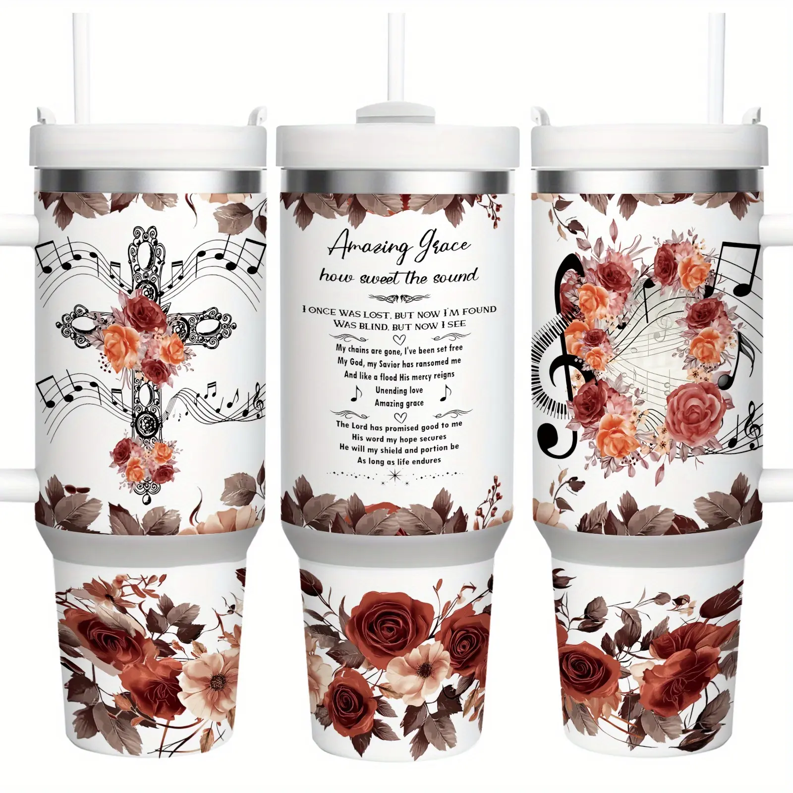 1 piece 40-ounce "Amazing Grace" stainless steel insulated cup with lid and straw, featuring a cross, Christian and faith themes, perfect gift for Easter, Mother's Day, and loved ones. Sippy Cup Straw Sublimation Cup The Ordinary Water Bottle