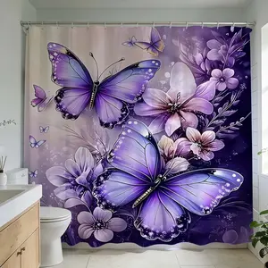 1 PC Elegant Butterfly Floral Shower Curtain Design for Modern Bathroom Decor Enhance Your Space with Vibrant Purple and Pink Hues Add a Touch of Nature Inspired Serenity Perfect for Bathroom Design Updates and Home Renovation Impressive Visual Impact for