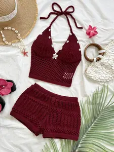 NELSON MIS Women's Summer New Shell Decor Halter Knit Top And Shorts 2 Pieces Set