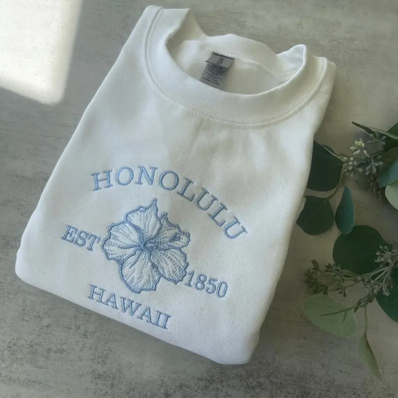 Embroidered Honolulu Hibiscus Sweatshirt, Hibiscus Flower Crewneck Sweatshirt, Graphic Tee, Trendy Sweatshirt, Aesthetic Sweatshirt