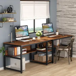 212 MAIN 2-Person Extra-Wide 78.7 in. Sturdy Computer Office Desk, Industrial Steel Frame Engineered Wood Double Home Office Workstation with Metal Base, Storage Shelves, Rustic Look, Home Office Desks