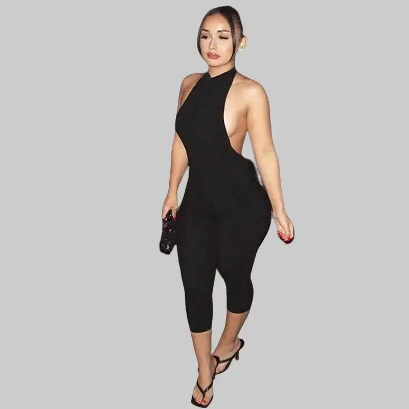 Backless Jumpsuit for Women, Minimalist Ribbed Solid Halter Neck Sleeveless Slim Fit Midi Elegant Casual Clothes, Backless Jumpsuits & Rompers, Round, No, S, Overalls