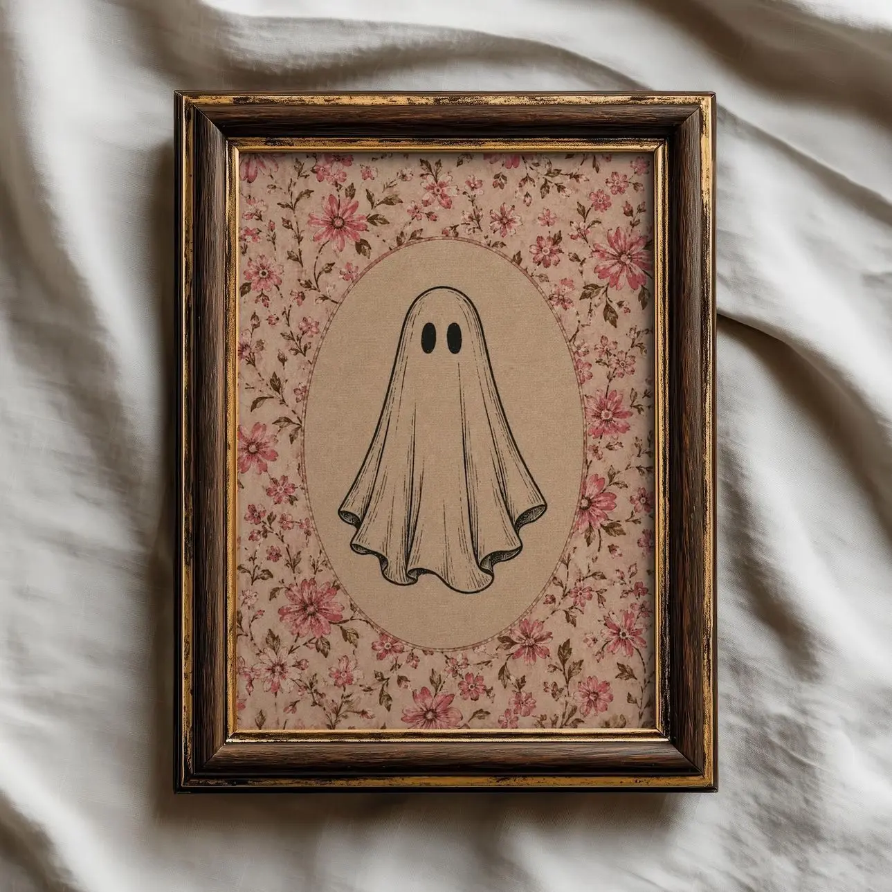 Pink Ghost Wall Art, Cute Halloween Poster, Gothic Cottagecore Decor G