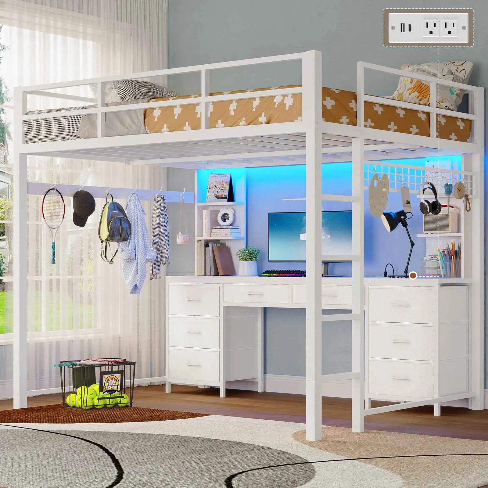 SIKAIC Full Size Loft Bed with L Shaped Desk and 8 Storage Drawers, White Metal Loft Bed with Charging Station SIKAIC Full Size Loft Bed with L Shaped Desk and 8 Storage Drawers, White Metal Loft Bed with Charging Station