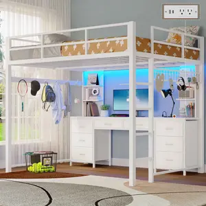 Sikaic Full Size LED Loft Bed Frame with L-Shaped Desk White Modern Ladder Charging Station 8 Fabric Drawers & Storage Shelves