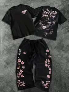 Men's Fashion Casual Two-Piece Set, Soft Comfortable Cherry Blossom Print Round Neck T-Shirt and Drawstring Wide Leg Pants