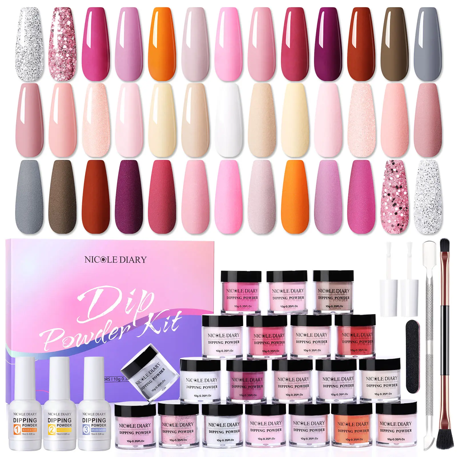 NICOLE DIARY Dude Pink Dipping Powder Nail Kit - 20 Colors Cosmetic Set with Acrylic Dip Powder, Liquid Set, Base Activator & Top Coat, High-Quality Manicure Nail Polish for Beginner DIY Easy Home Use