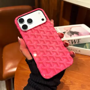 Glossy Film Case for  iPhone 17,16,15,14,13,13,12,11 Pro Max 17 Air, Luxury Faux Leather Chevron Pattern, Chic Pink Orange Aesthetic Designer Cover, Scratch Resistant Shockproof Shell