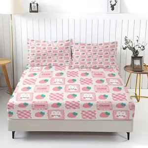 3 PCS Pink Strawberry Bunny Theme Fitted Sheet Set, Soft Touch Bedding Set with cute Strawberry and Bunny Print for quiet Nights, No Filler Included, Bedsheet Sets, Bed Sheets Set