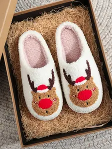 Soft Plush Christmas Slippers with Cute Reindeer Embroidery, Warm Indoor Outdoor Non-Slip Shoes for Men Women, Fall Winter Gift Idea