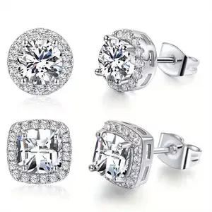 Women's Luxury Halo Zircon Stud Earrings 4-Piece Set - Gold, Silver Round/Square Styles, Low-Sensitivity Copper-Plated Metal Coating, Comfortable Daily Wear, Includes Jewelry Box, Boujee Gifts for Women