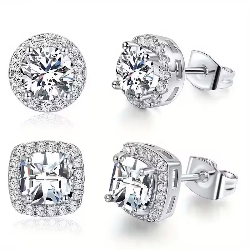 Women's Luxury Halo Zircon Stud Earrings 4-Piece Set - Gold, Silver Round/Square Styles, Low-Sensitivity Copper-Plated Metal Coating, Comfortable Daily Wear, Includes Jewelry Box, Boujee Gifts for Women