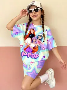 K-Pop Idol Girl Colorblock Star Set, Gradient Anime Print Short Sleeve Cycling Pants Two-Piece Set, Cute Slim-Fitting Suit