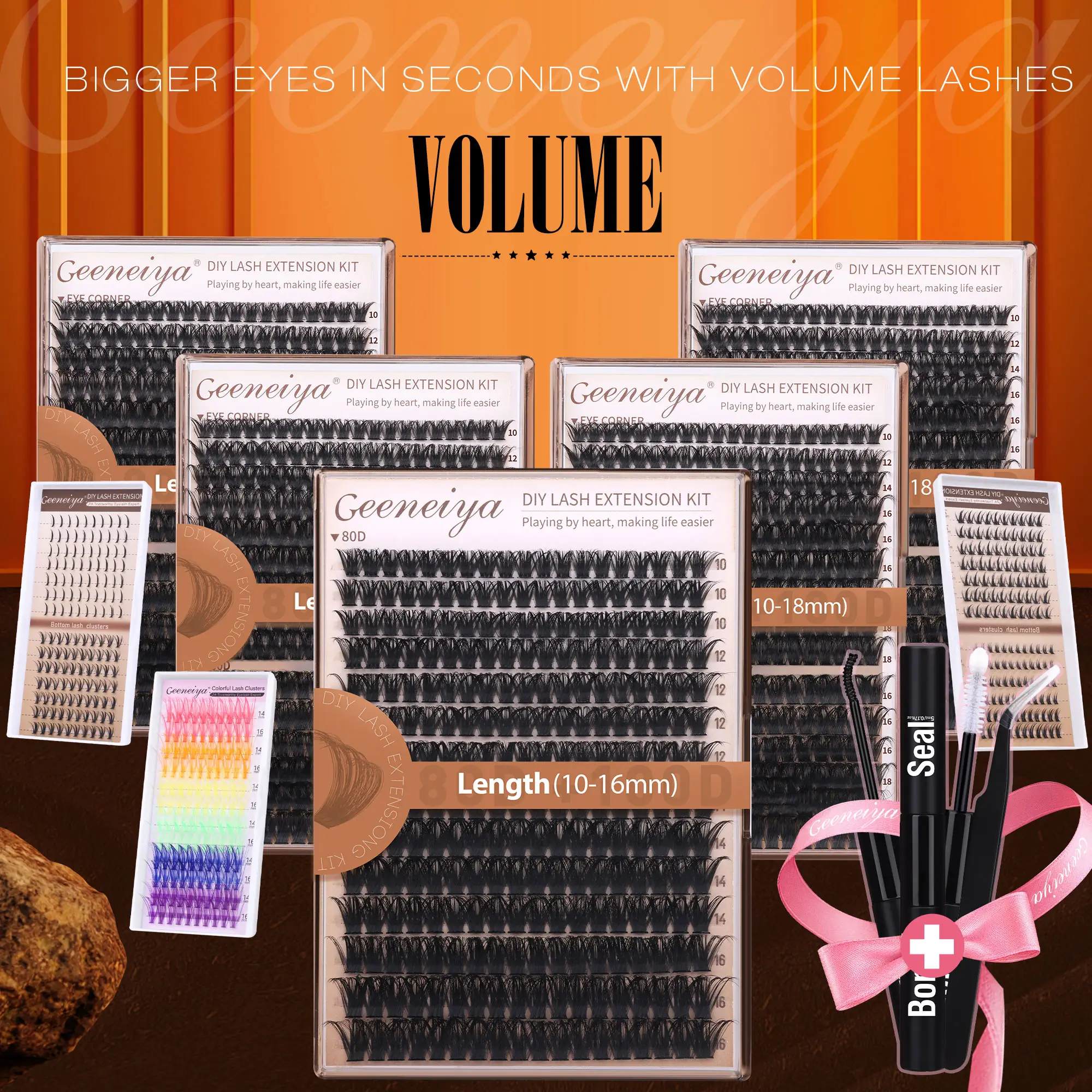 Geeneiya Volume Lash Clusters Kit DIY Lash Extension Kit D Curvature Eyelash Extensions with Waterproof Lash Bond and Seal, Tweezers,10-14mm Eye Corne