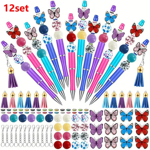 12-Set Assorted Aesthetic Plastic Beaded Art Pens - Colored Office Stationery with Bubblegum Beads, Crystal Spacers, Black Ink Ballpoint, Butterfly Design for DIY Office Gifts