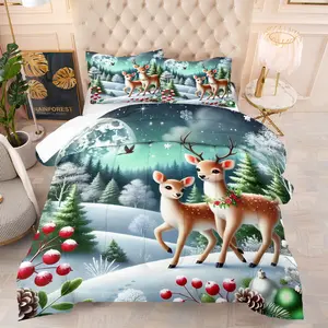 Christmas Cute Deer Style Quilt/Comforter Set (2/3 Pcs) Includes 1 Quilt+1/2 Pillowcases No Filler Cute Deer Snowman Christmas Decor Elements Families Teenagers Tenants Holiday Decorators Gift Bedrooms Dorms Rental Houses Christmas Rooms Leisure Rooms