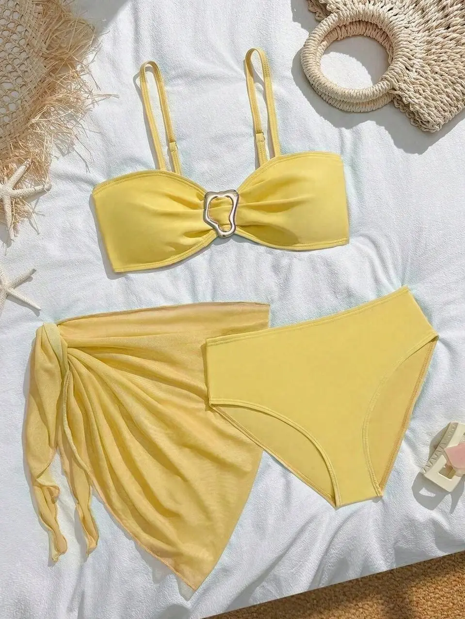 Girls 3-Piece Bikini Set with Metal Buckle & Beach Skirt, Teen Summer Holiday Swimsuit