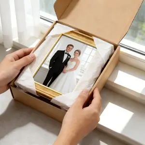 A golden frame, suitable for displaying 4x6 pictures.This is a vintage frame that is suitable for wall installation or tabletop display.It features a rugged gold design.