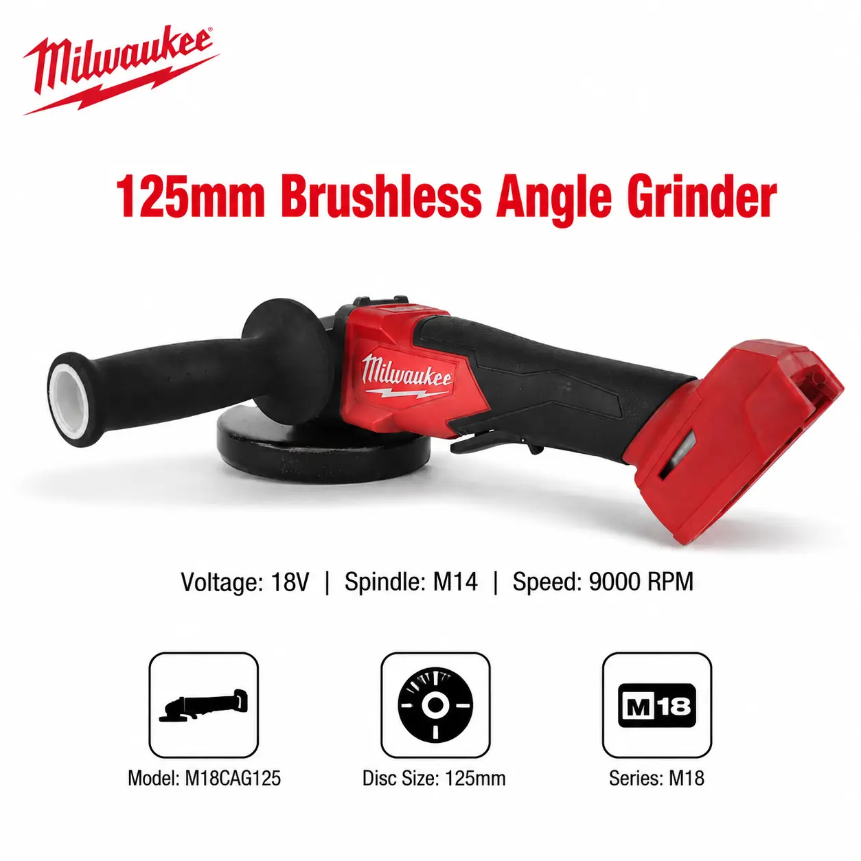 Milwaukee M18 125 18V  125mm Brushless Angle Grinder Power Tool for Metal Cutting, Grinding and Fabrication, Featuring M14 Spindle, 9000 RPM Speed, Non-Locking Paddle Switch and Ergonomic Design cordless