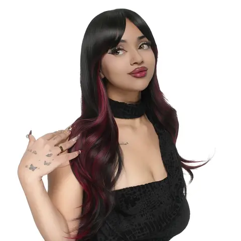 22-Inch Black (Scarlet Red Lowlights) Wavy Synthetic Wig | 【Heat Resistant】 【Cap Included】 | #51FSGA
