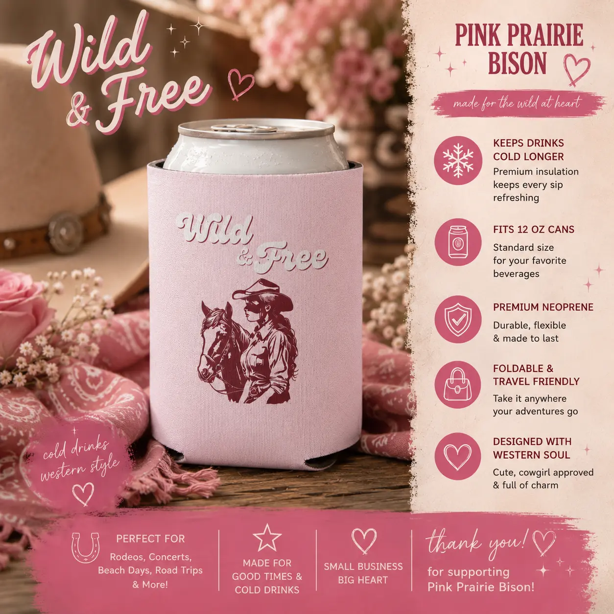 Wild & Free Cowgirl Design Can Cooler, Pink Horse Rodeo Beverage Insulator for Kitchen Use