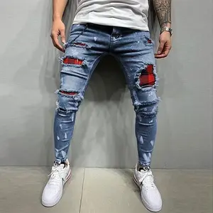 New Men's Skinny Ripped Jeans Fashion Grid Hole Endothecium Patches Slim Fit Stretch Casual Denim Pencil Pants Jogging Trousers Fathersdaygift Cotton