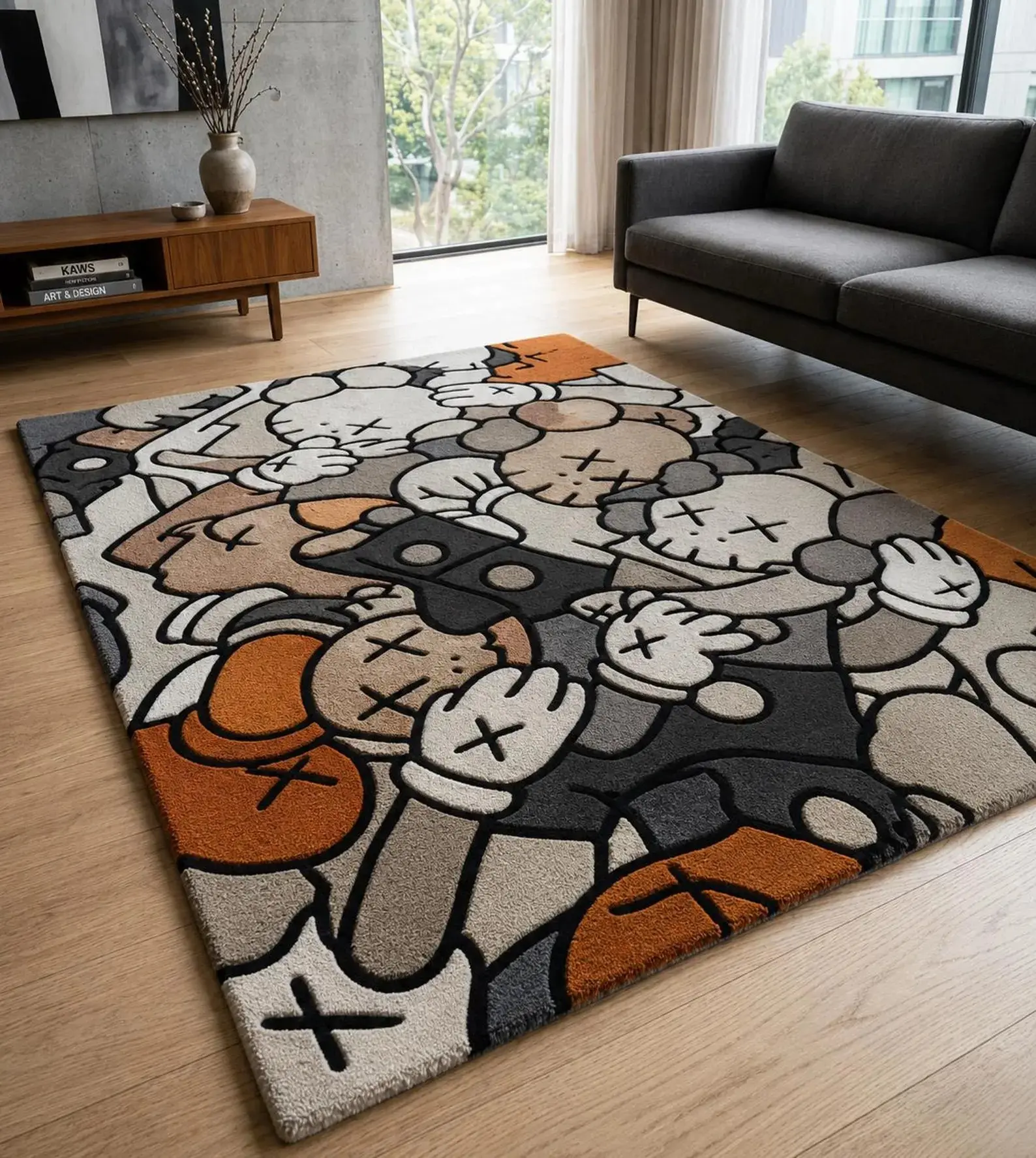 Large KAWS Inspired Hand Tufted Wool Rug, Modern Abstract Grey Black Cream Area Rug Luxury Hypebeast Home Decor