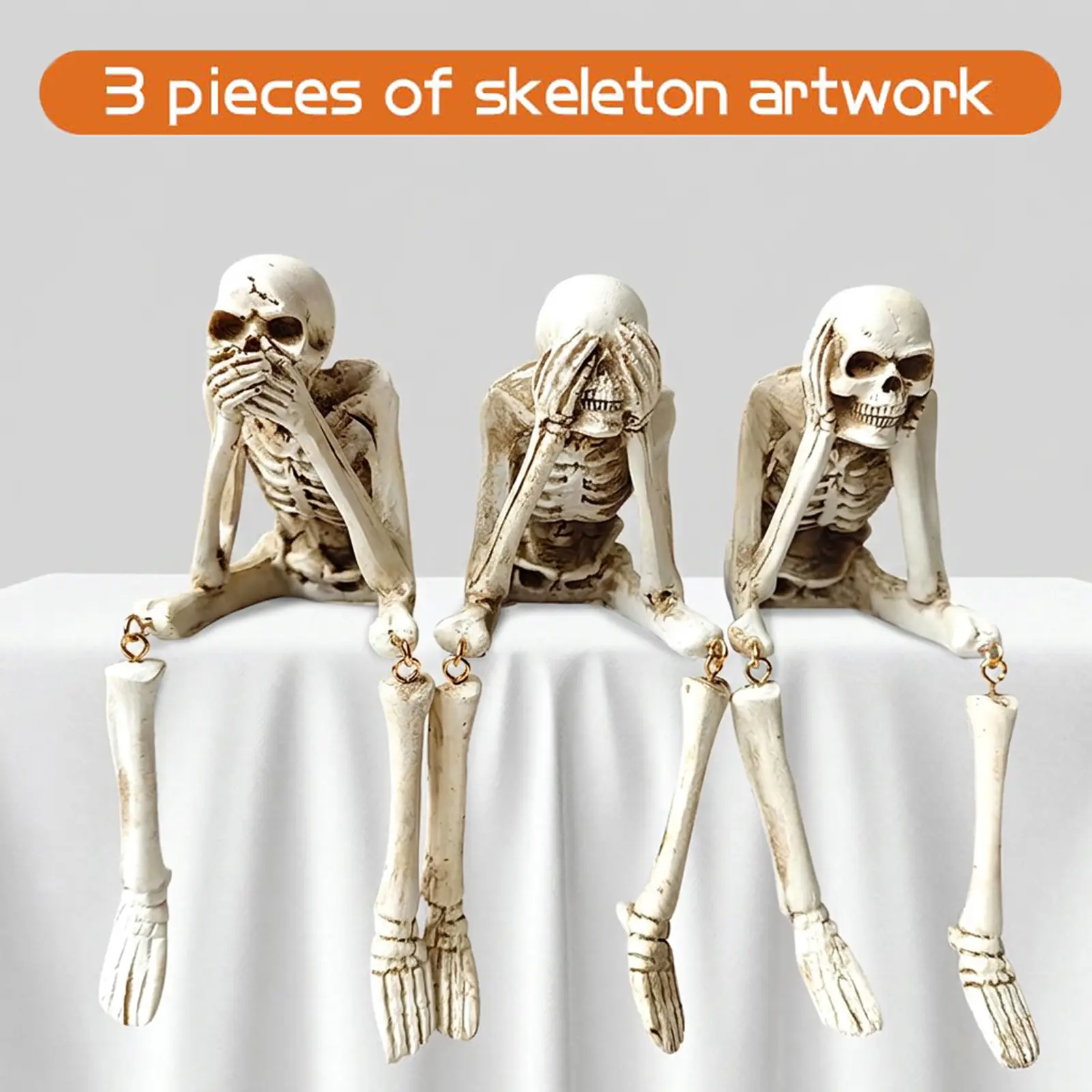 Three Wise Skeleton Statue with Hanging Legs | Gothic Shelf Decor | Ghost Decor | Funny Halloween Desk Ornament | Spooky Room Decor | Room Stuff for Men | Apartment Accessories | Resin Home Decor Gift | Christmas Gift Idea Spooky